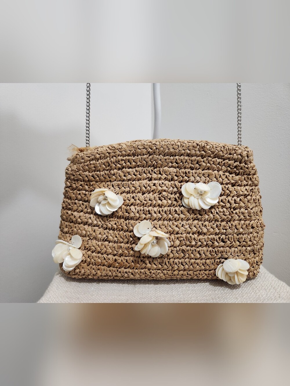 Woven Straw Crossbody Bag with Shell Flower Accents - Natural!